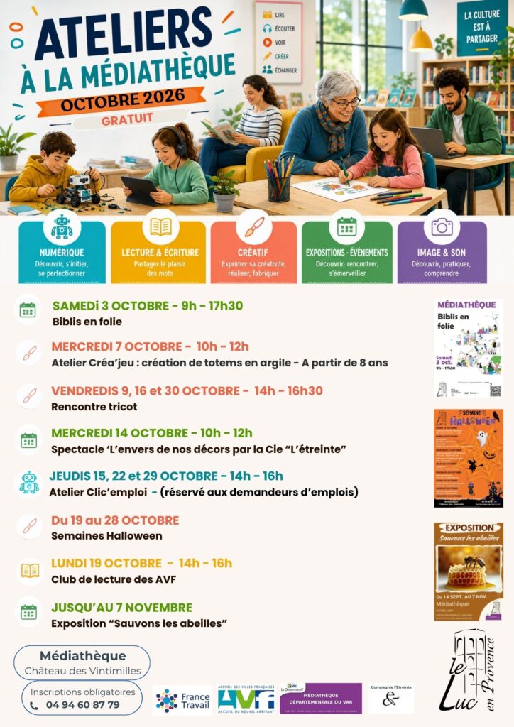 Du 3 au 30 octobre – Les ateliers de la médiathèque