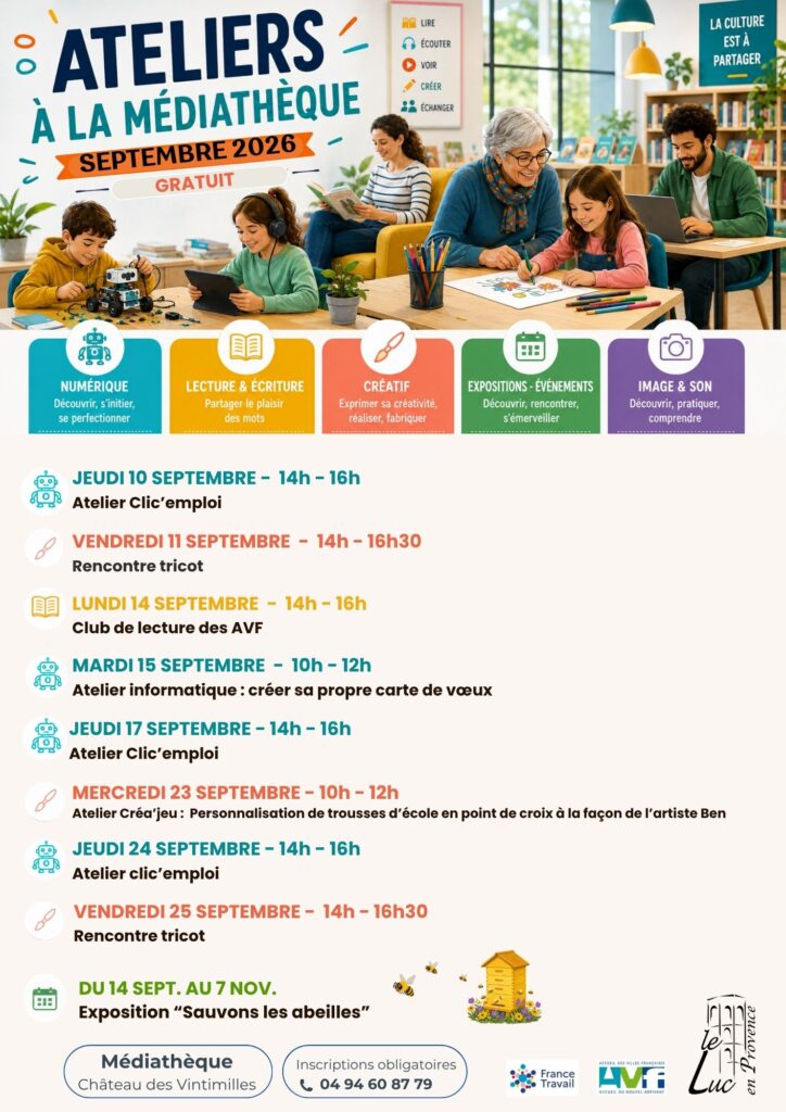 Du 10 au 25 septembre – Les ateliers de la médiathèque